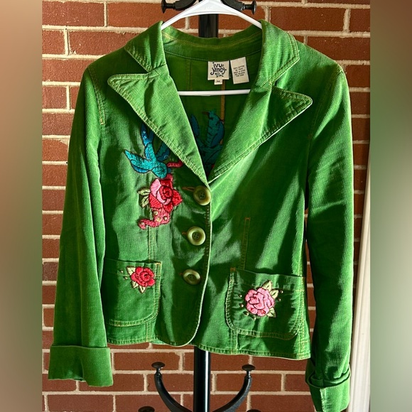 🌹 Ivy Jane Green Corduroy Embroidered Blazer Jacket Boho Western Love‎ Bird M - Picture 3 of 9